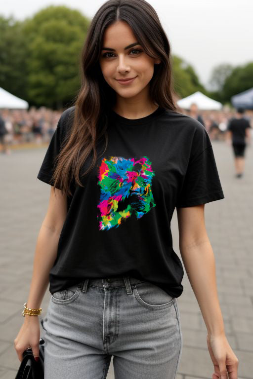 Abstract Rainbow Lion Tee with colorful lion art design on a black shirt.