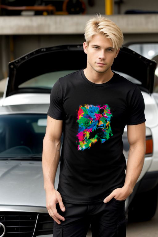 Abstract Rainbow Lion Tee featuring vibrant lion art, worn by a person standing in front of a car.