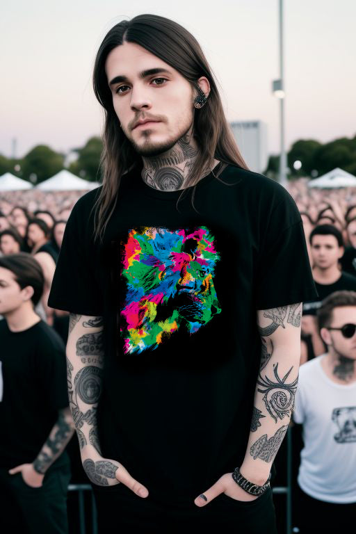 Alternative Tattoo'd Man Wearing Abstract Rainbow Lion Tee