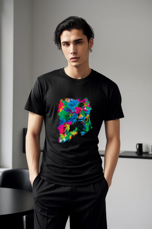 Abstract Rainbow Lion Tee with vibrant lion art design, worn for a bold, colorful look.