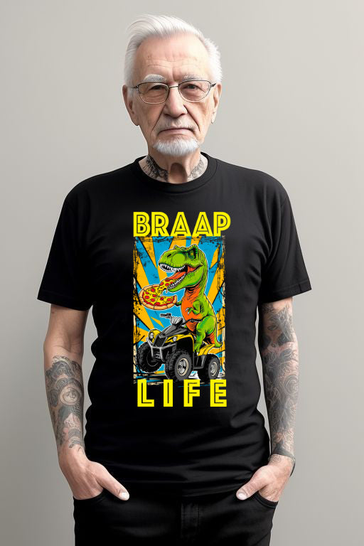 BRAAP Life Quadding T-Rex T-Shirt with colorful dinosaur graphic, perfect for outdoor adventures.