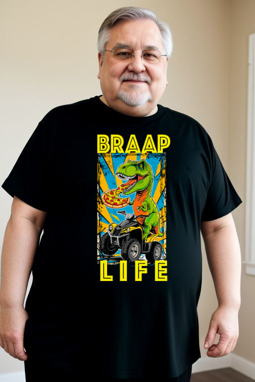 BRAAP Life Quadding T-Rex T-Shirt with colorful dinosaur graphic, perfect for outdoor adventures.