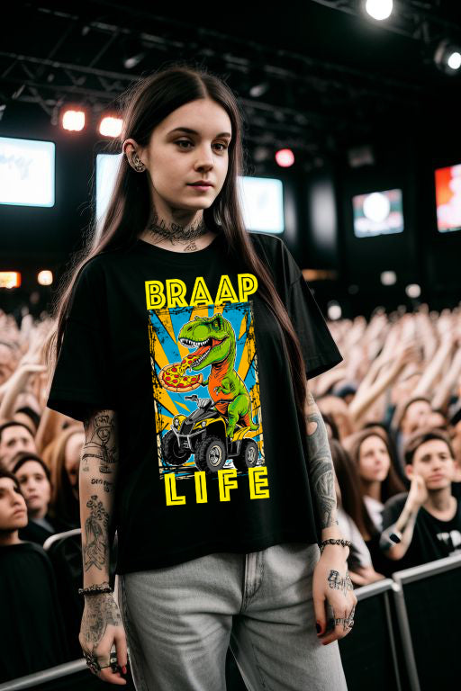 BRAAP Life Quadding T-Rex T-Shirt with colorful dinosaur graphic, perfect for outdoor adventures.