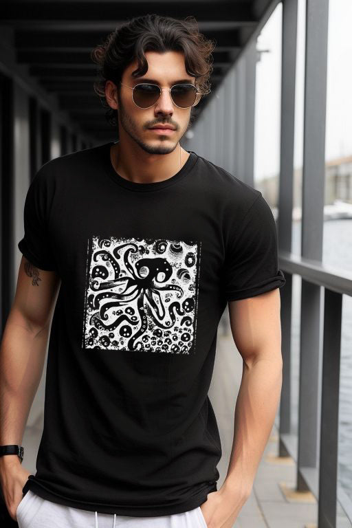 Grunge Octopus Art Tee with inked octopus design in black and white.