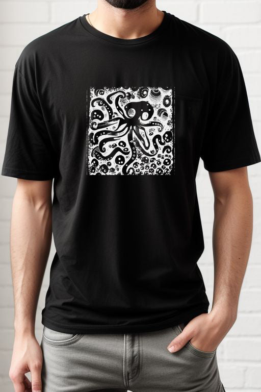 Grunge Octopus Art TeeGrunge Octopus Art Tee with inked octopus design in black and white.