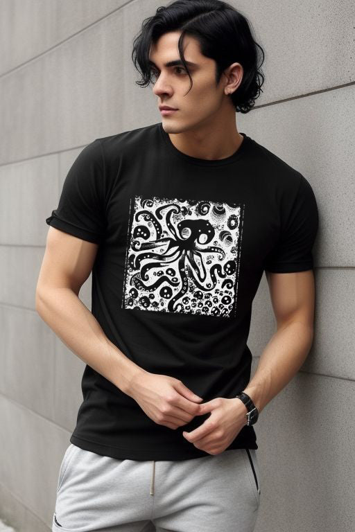 Grunge Octopus Art TeeGrunge Octopus Art Tee with inked octopus design in black and white.