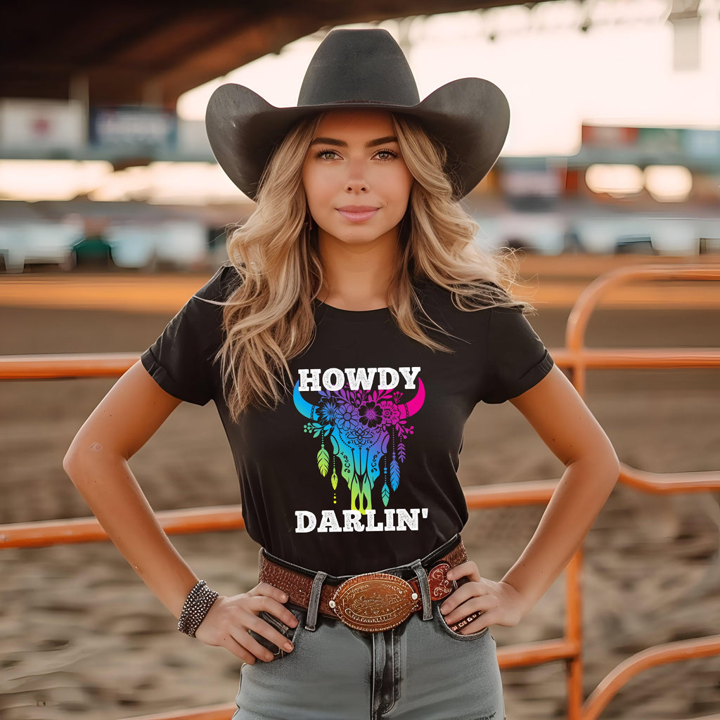 Howdy Darlin' Cowboy Tee with vibrant design, perfect for cowgirl or cowboy style lovers.
