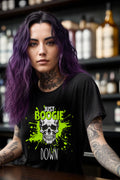 Black T-shirt with neon green skull design and "Just Boogie Down Party" text.