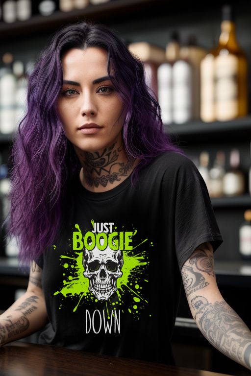 Black T-shirt with neon green skull design and "Just Boogie Down Party" text.