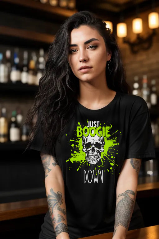 Black T-shirt with neon green skull design and "Just Boogie Down Party" text.