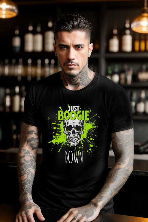 Black T-shirt with neon green skull design and "Just Boogie Down Party" text.