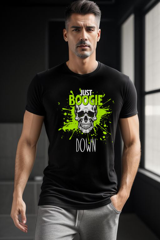 Black T-shirt with neon green skull design and "Just Boogie Down Party" text.