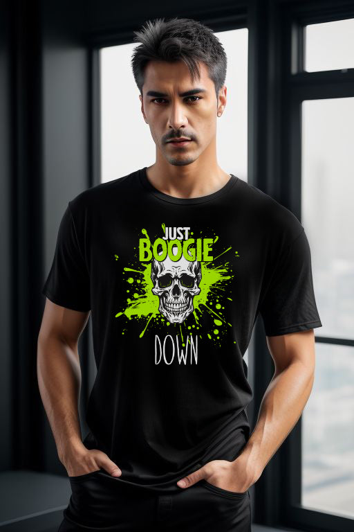 Black T-shirt with neon green skull design and "Just Boogie Down Party" text.