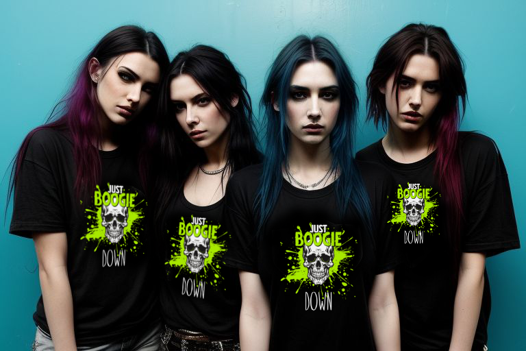 Black T-shirt with neon green skull design and "Just Boogie Down Party" text.