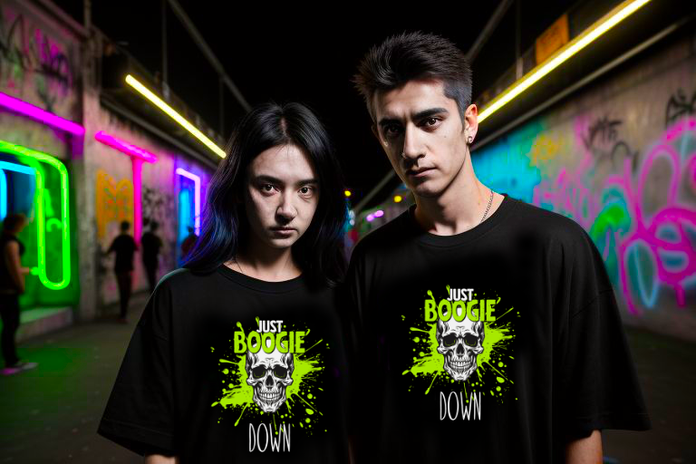 Black T-shirt with neon green skull design and "Just Boogie Down Party" text.