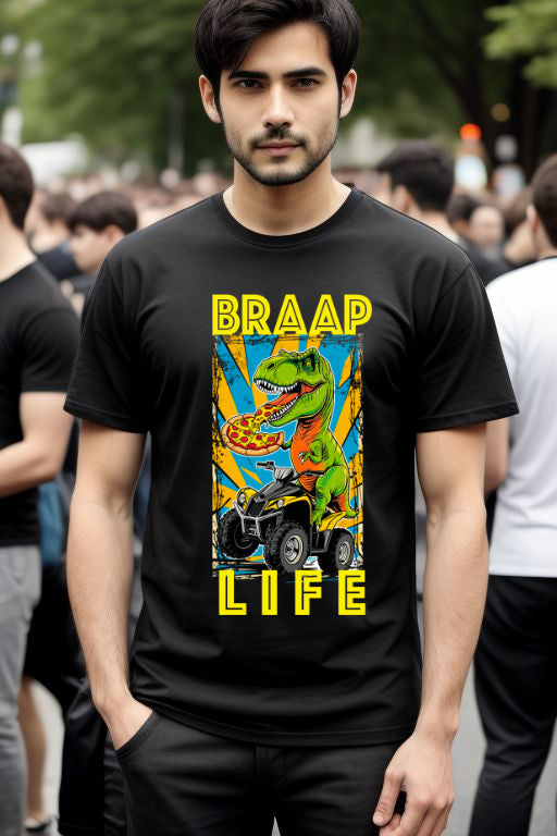 BRAAP Life Quadding T-Rex T-Shirt with colorful dinosaur graphic, perfect for outdoor adventures.