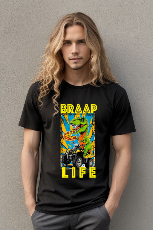 BRAAP Life Quadding T-Rex T-Shirt with colorful dinosaur graphic, perfect for outdoor adventures.