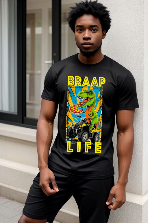 BRAAP Life Quadding T-Rex T-Shirt with colorful dinosaur graphic, perfect for outdoor adventures.