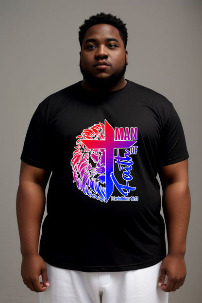 Man wearing black Faith Religion Tee with colorful lion and cross design.