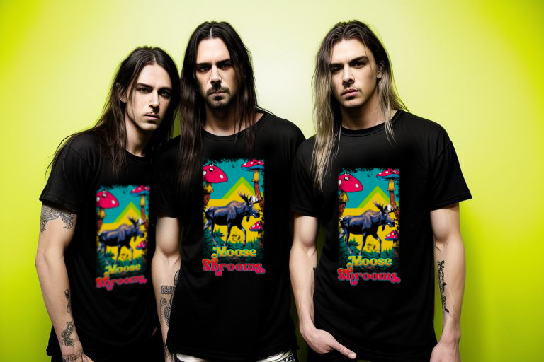 Moose Shrooms Nature T-Shirt featuring moose with colorful mushrooms, worn by two models against a vibrant mural.