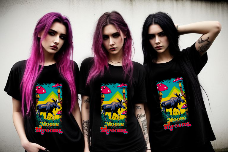 Moose Shrooms Nature T-Shirt featuring moose with colorful mushrooms, worn by two models against a vibrant mural.