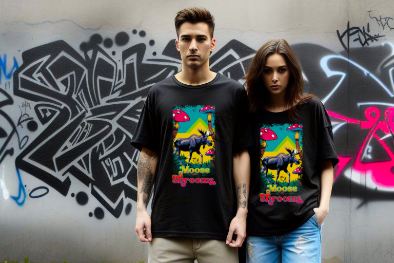 Moose Shrooms Nature T-Shirt featuring moose with colorful mushrooms, worn by two models against a vibrant mural.