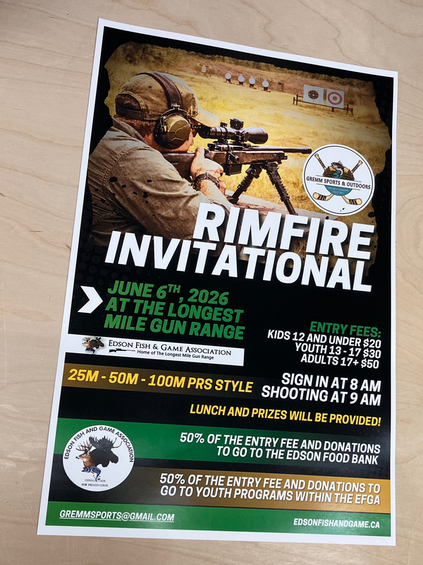 Poster for a firearm simulation event on a wooden surface