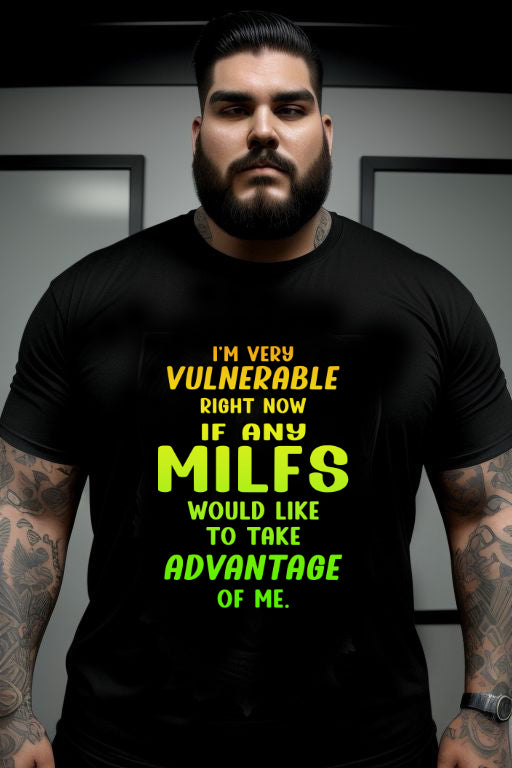 Black "Searching for a MILF Tee" with bold yellow and green text, featuring a humorous message.