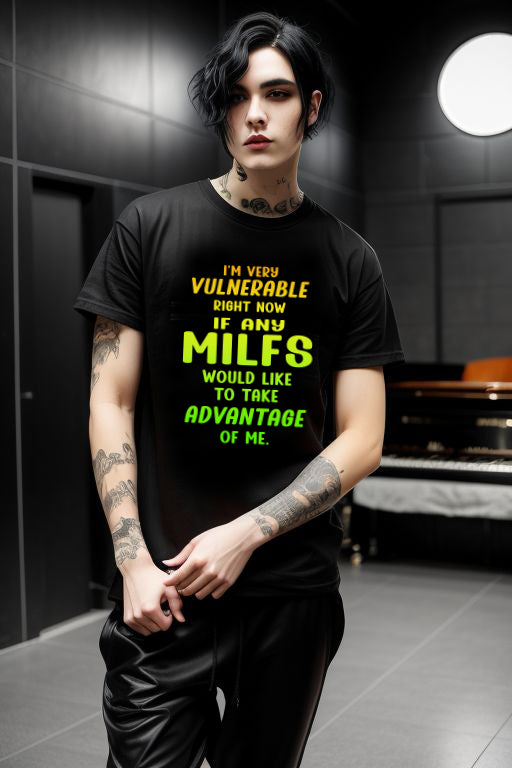 Black "Searching for a MILF Tee" with bold text in vibrant colors.