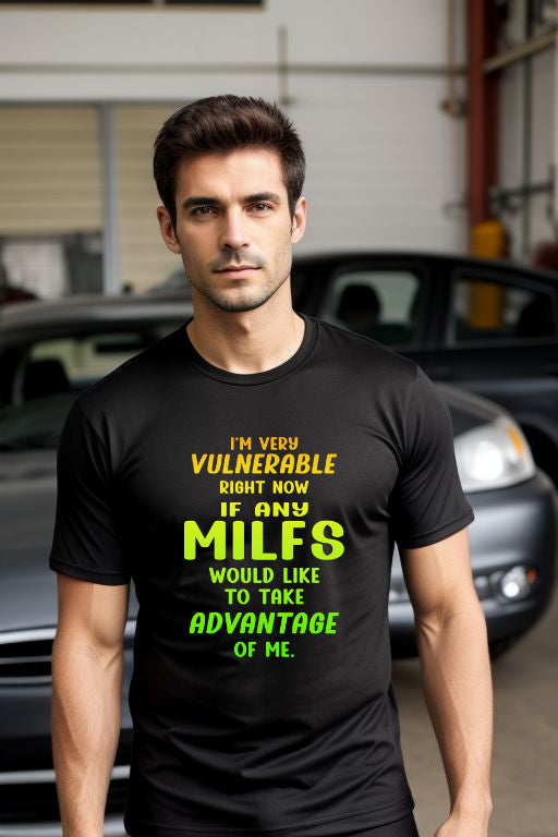 Black MILF Tee with neon yellow text on a man in a garage setting.