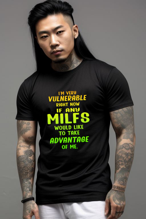Black cotton MILF Tee featuring a playful text design for standout style.