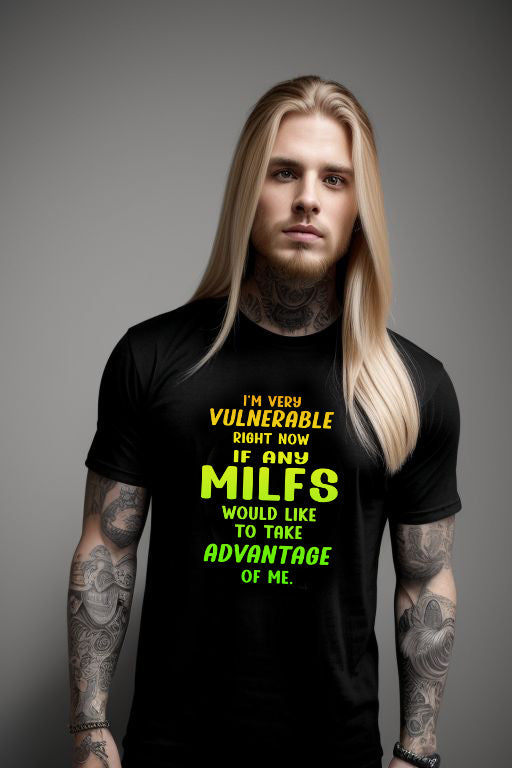 Blonde man wearing a black "Searching for a MILF" tee with bold yellow and green text.