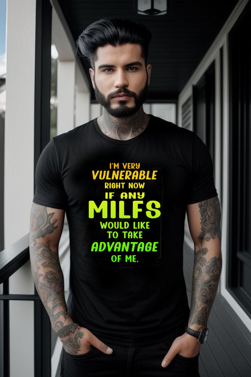 Man wearing a black "Searching for a MILF" tee with colorful text, perfect for nightlife and social events.