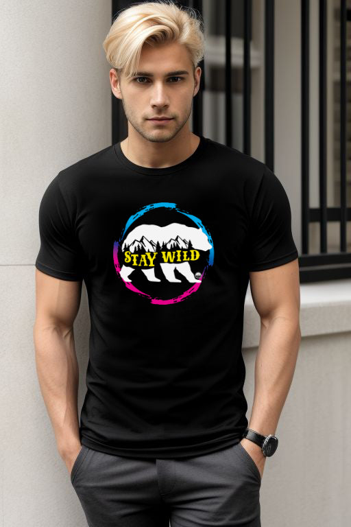 Man Wearing Stay Wild Pink and Blue T-Shirt