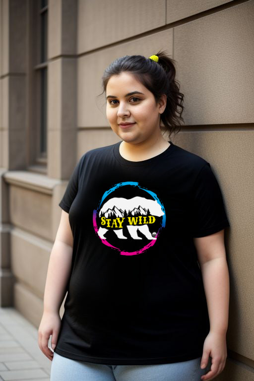 Plus Size Woman Wearing Stay Wild Pink and Blue T-Shirt