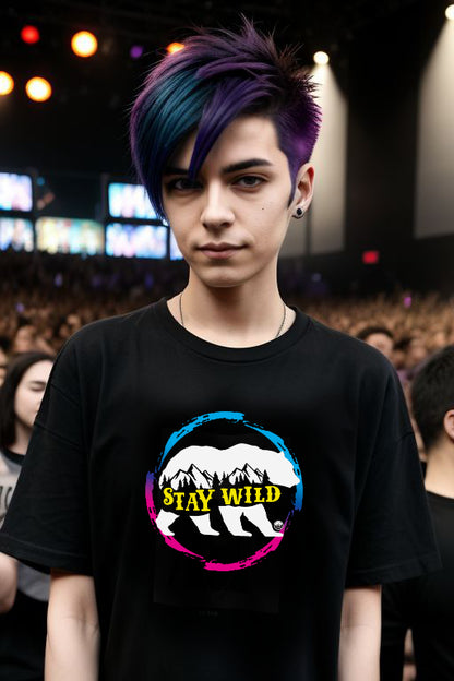 Gender Neutral Androgynous Person Wearing Unisex Tee Stay Wild Pink and Blue T-Shirt