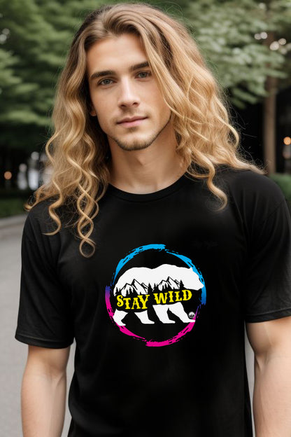 Man Wearing Stay Wild Pink and Blue T-Shirt