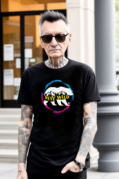 Punk Grandpa Wearing Stay Wild Pink and Blue T-Shirt