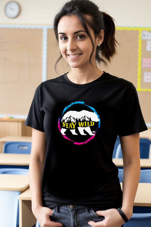 Teacher Wearing Stay Wild Pink and Blue T-Shirt