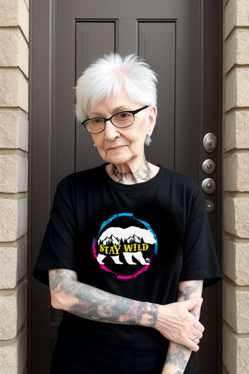 Punk Grandma Wearing Stay Wild Pink and Blue T-Shirt