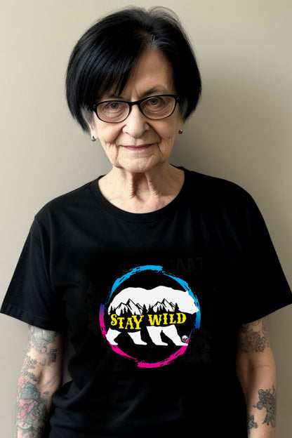 Punk Grandma Wearing Stay Wild Pink and Blue T-Shirt