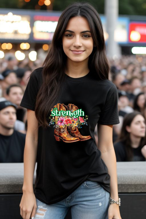 Cowgirl Strength T-Shirt with cowboy boots and flowers design.