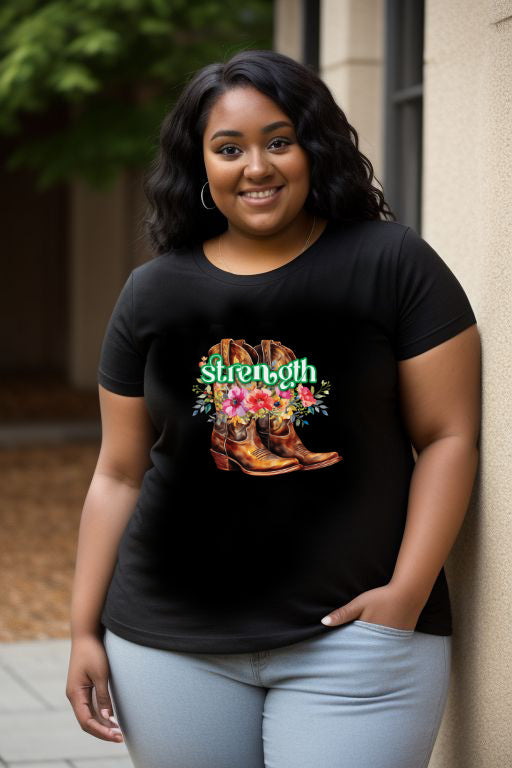 Cowgirl Strength T-Shirt with cowboy boots and flowers design.