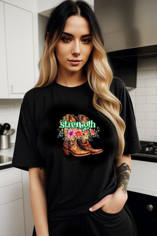 Cowgirl Strength T-Shirt with cowboy boots and flowers design.