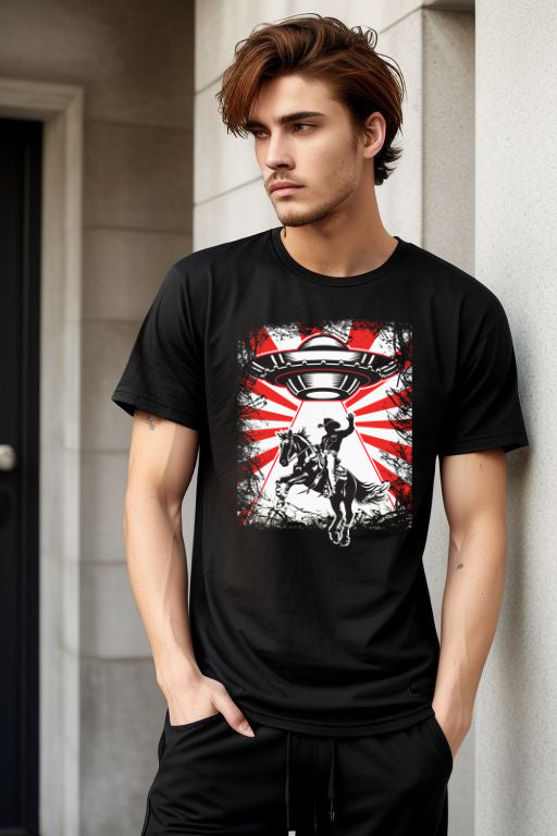 UFO Cowboy Abduction Unisex Tee featuring a cowboy graphic with a UFO, perfect for unique style.