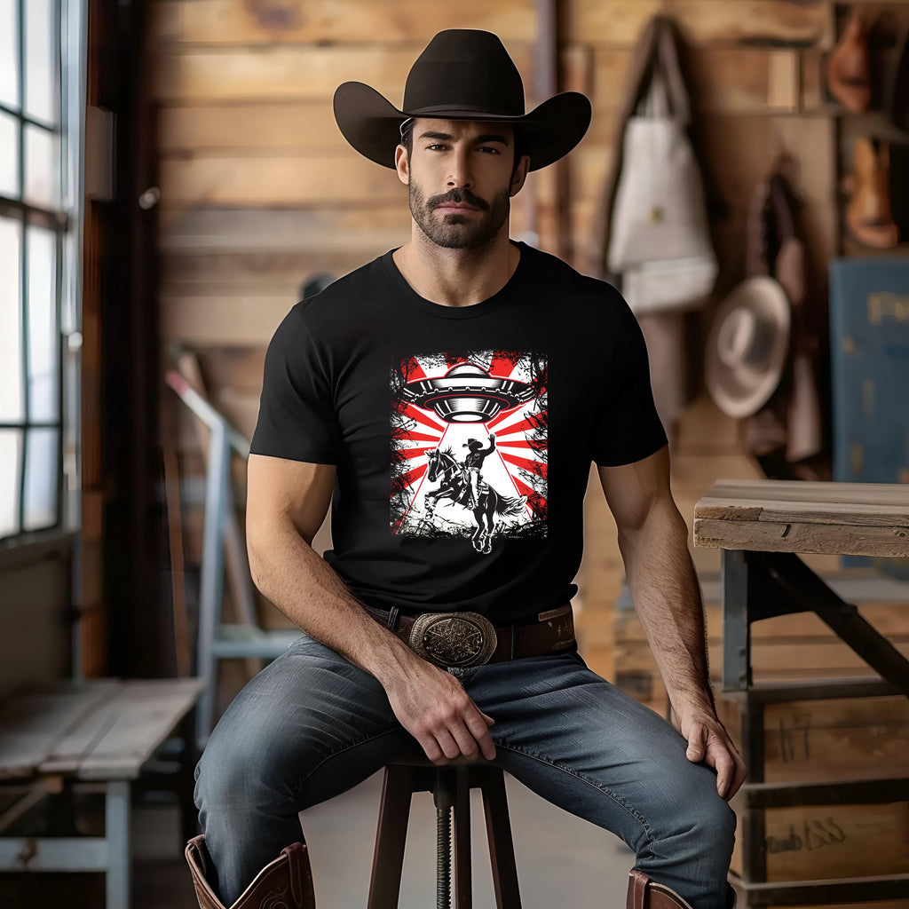 UFO Cowboy Abduction Unisex Tee featuring a cowboy and UFO graphic, perfect for rodeo or everyday wear.