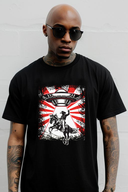 UFO Cowboy Abduction unisex tee with graphic design on black shirt.
