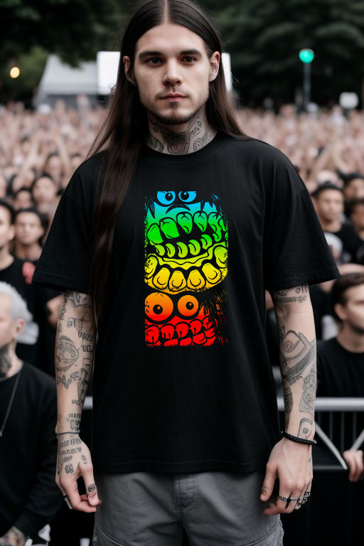 Monsters Tee with vibrant graphic worn by individual in crowd.