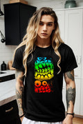 Monsters Tee with colorful monster graphic print, worn by model in kitchen setting.