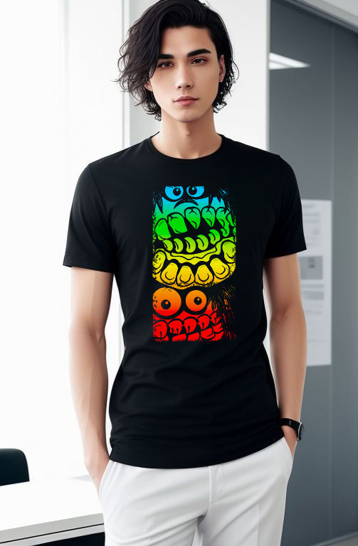 Monsters Tee with vibrant graphic print on soft black fabric.